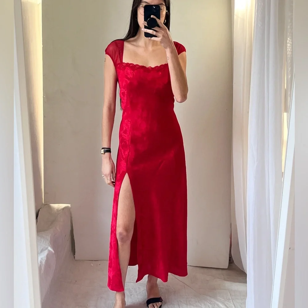 Victoria’s Secret Vintage Gold Label Red Satin Mesh Dress Size Medium - Picture 1 of 9